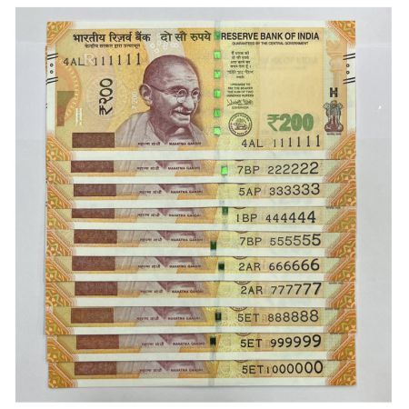 200 rupees, set of 10 fancy number notes, new Gandhi series, 2017, signed by Urjit Patel, 
