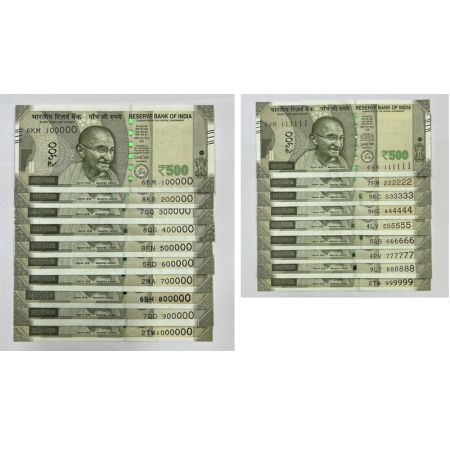 500 rupees, set of 19 fancy number notes, new Gandhi series, 2016 and 2017, signed by Urji