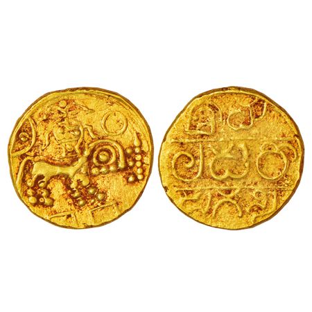 Hoyasalas of Dorasamudra, gold pagoda of Vindhyaditya (1047-1098 AD), 4.00g. Obv: Mythical