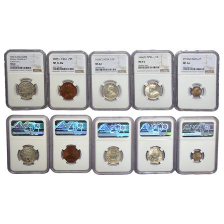 A group of 5 NGC graded coins, includes 4x silver coins of Bengal Presidency and George V 
