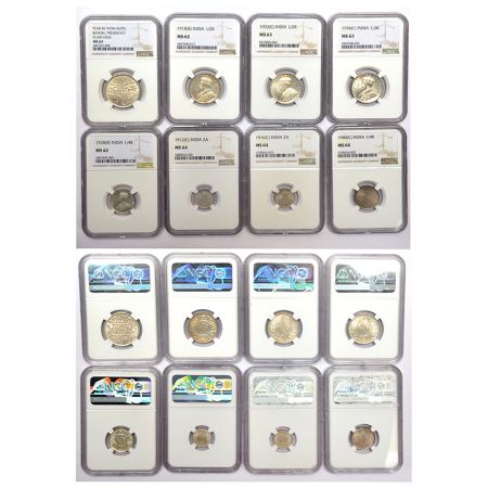 A group of 8 NGC graded silver coins, includes Bengal Presidency, George V and George VI (