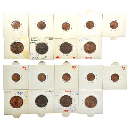 A group of 9 copper coins, includes 5x Bengal Presidency pie and 4x EIC ¼ anna. (9 coins)