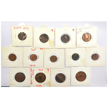 A group of 13 East India Company copper coins, includes 4x ¼ anna, 4x ½ pice and 5x 1/12 a