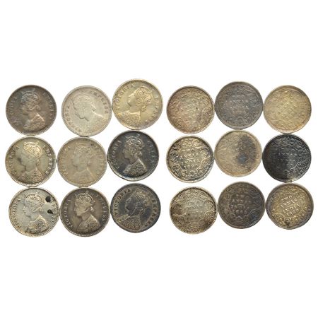 A group of 9 Victoria Empress silver 2 annas, 1875, 1884, 1885 (2), 1889, 1890, 1891, 1894