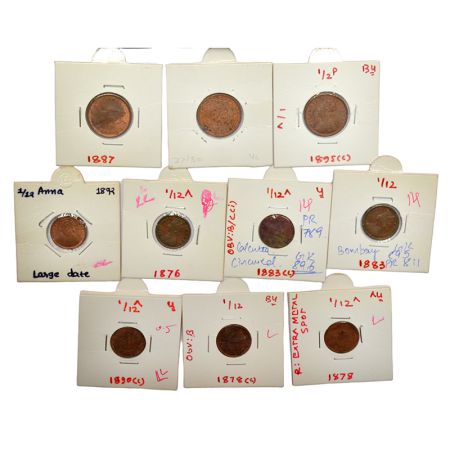 A group of 10 Victoria copper coins, includes Queen/Empress 3x ½ pice and 7x 1/12 anna, va