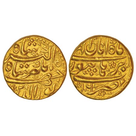 Jahangir (1605-1627 AD), gold mohur, Burhanpur mint, Aban, RY 16, KM 176.3, 10.91g. Obv: P