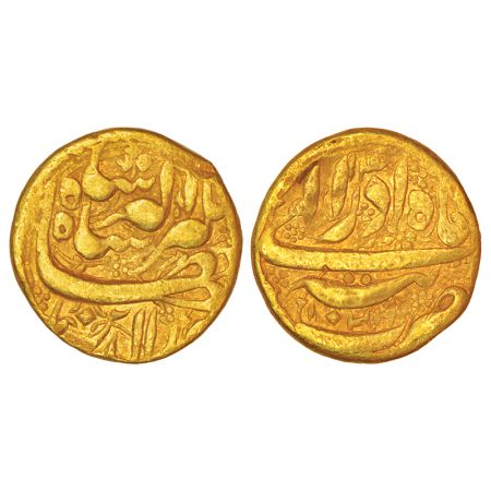 Jahangir (1605-1627 AD), gold mohur, Tatta mint (fully visible), Azar (Sagittarius), AH 10