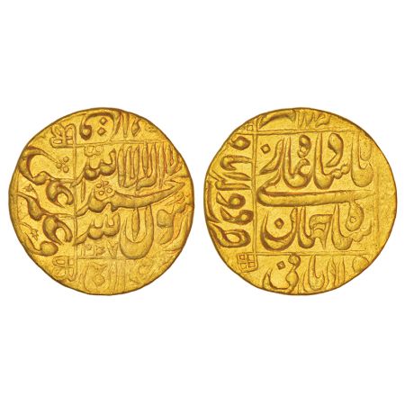 Shah Jahan (1628-1658 AD), gold mohur, 'square areas' type, Daulatabad mint (fully visible