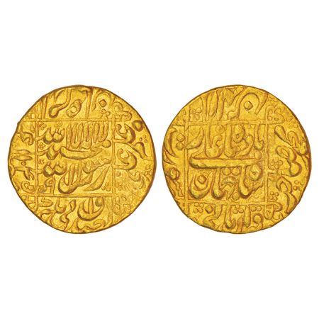 Shah Jahan (1628-1658 AD), gold mohur, 'square areas' type, Surat mint in left quadrant, A