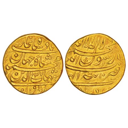 Shah Jahan (1628-1658 AD), gold mohur, Tatta mint, Isfandarmuz (Pisces), AH 1047/RY 10, KM