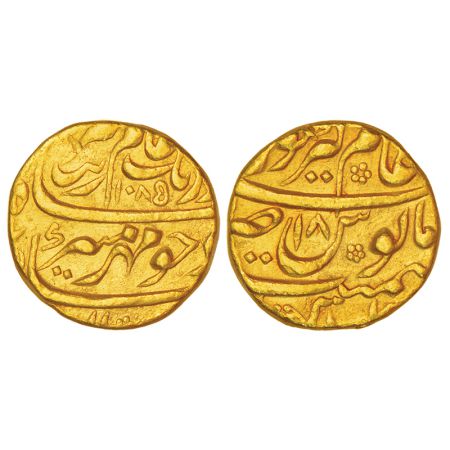 Aurangzeb (1659-1707 AD), gold mohur, Alamgirpur mint, mint-name at top on reverse, AH 108