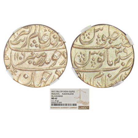 Aurangzeb (1658-1707 AD), silver rupee, Islamabad mint, AH 1106/RY 39, KM 300.36. NGC grad