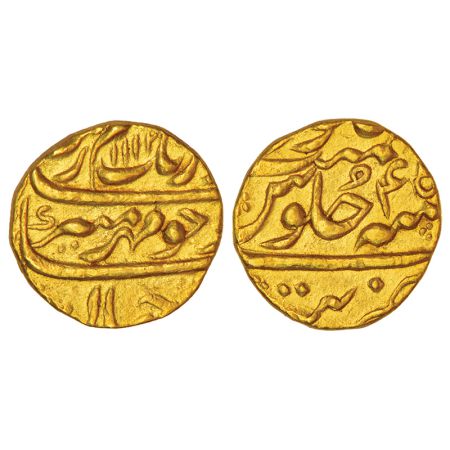 Aurangzeb (1658-1707 AD), gold mohur, Tatta mint, 'Mihr-e-munir' couplet, AH 1112/RY 45, K