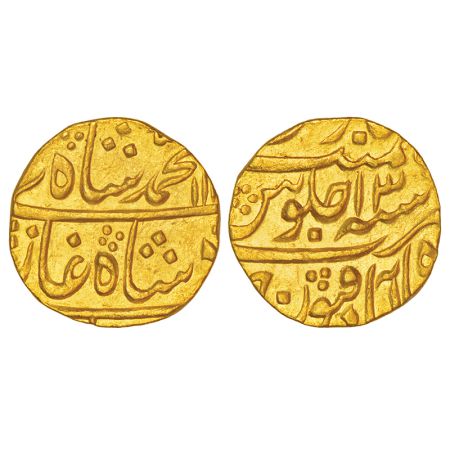 Muhammad Shah (1719-1748 AD), gold mohur, Shahbad Qanauj mint, AH 11XX/RY 13, KM 438.20, 1