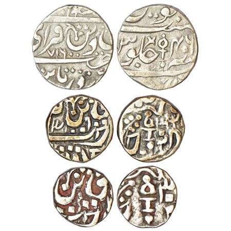 Datia, Gaja Shahi series, set of 3 silver coins, 1x 1 rupee, AH 716 (error date)/RY 46, KM