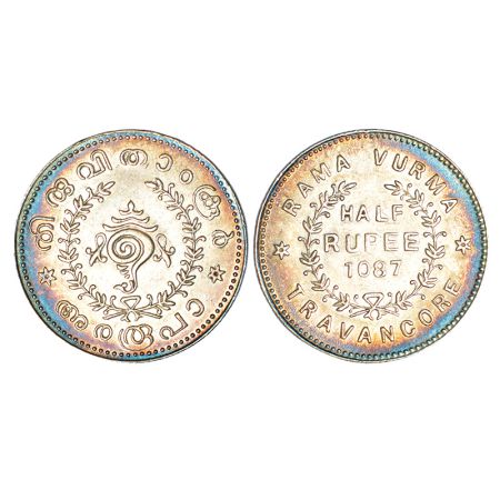 Travancore, Rama Varma VI (1885-1924 AD), silver ½ rupee, ME 1087, initial R.V. engraved o