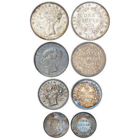 Victoria Queen, continuous legend, set of 4 silver coins, 1840 and 1841, rupee, ½ rupee, ¼