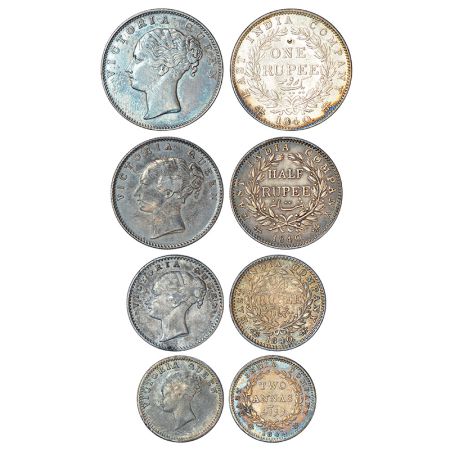 Victoria Queen, continuous legend, set of 4 silver coins, 1840 and 1841, rupee, ½ rupee, ¼