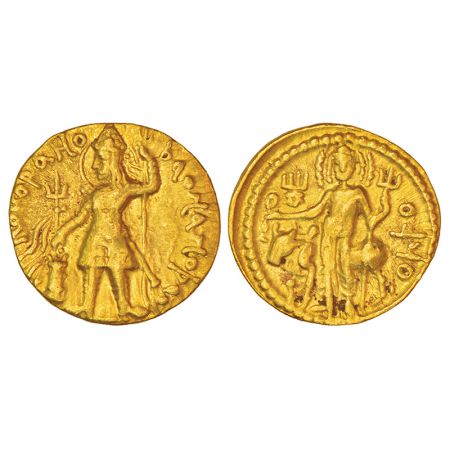 Kushans, gold dinara of Vasudeva I (c.160-240 AD). Göbl 509, 7.95g. Obv: Nimbate and moust
