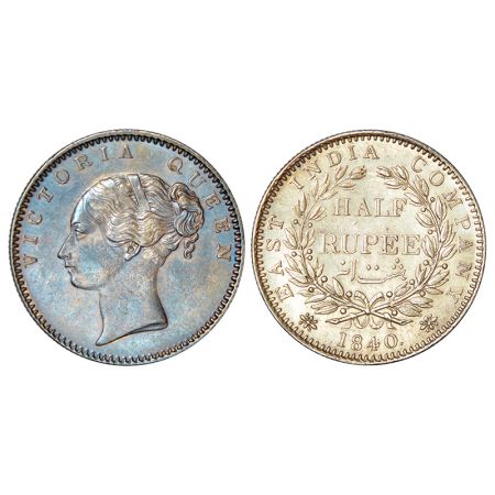 Victoria Queen, continuous legend, silver ½ rupee, 1840, Bombay mint, English head, 19 ber