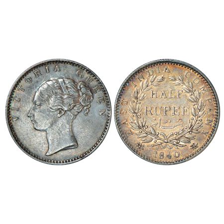 Victoria Queen, continuous legend, silver ½ rupee, 1840, Bombay mint, English head, 19 ber