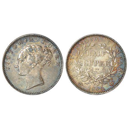 Victoria Queen, continuous legend, silver ½ rupee, 1840, Bombay mint, English head, 19 ber