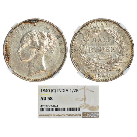 Victoria Queen, continuous legend, silver ½ rupee, 1840, Calcutta mint, 19 berries. NGC gr