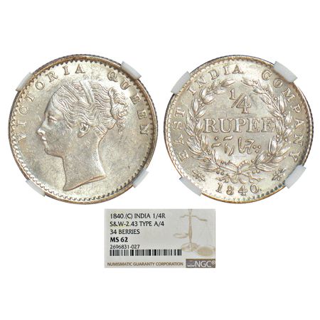 Victoria Queen, continuous legend, silver ¼ rupee, 1840, Calcutta mint, Indian head, 34 be