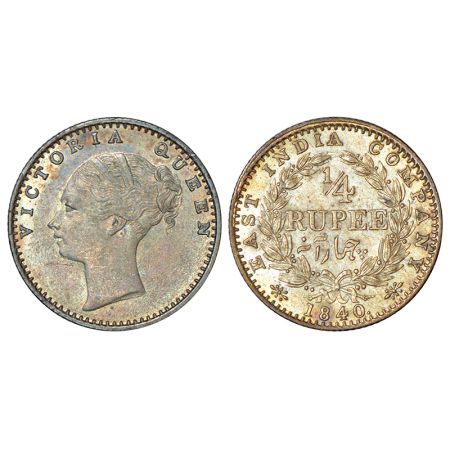Victoria Queen, continuous legend, silver ¼ rupee, 1840, Calcutta mint, Indian head, incus