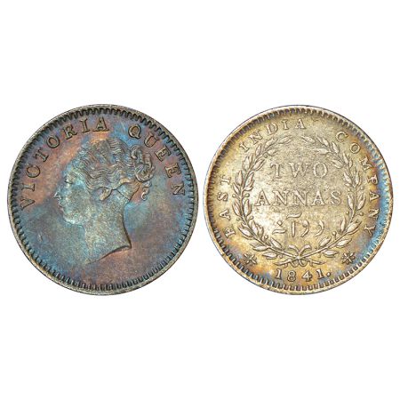 Victoria Queen, continuous legend, silver 2 annas, 1841, Calcutta mint, English head, cres