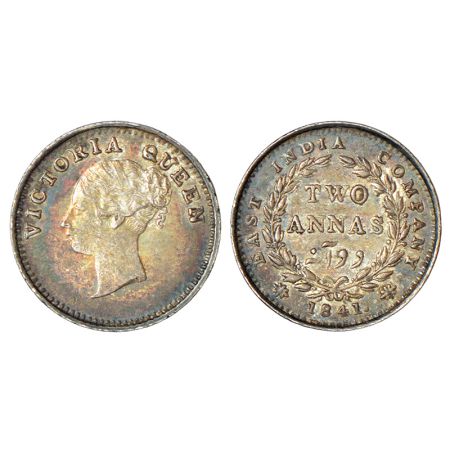 Victoria Queen, continuous legend, silver 2 annas, 1841, Madras mint, English Head, S incu