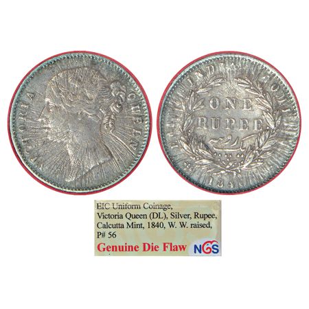 Victoria Queen, divided legend, silver rupee, 1840, Calcutta mint, W.W. raised, sunburst e