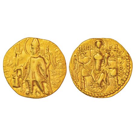 Kushans, gold dinara of Vasishka (250-270 AD), Gobl 556, 7.69g. Obv: Nimbate king wearing 