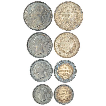 Victoria Queen, divided legend, set of 4 silver coins, 1840, rupee, ½ rupee, ¼ rupee and 1