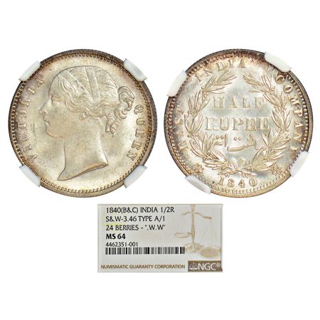 Victoria Queen, divided legend, silver ½ rupee, 1840, Calcutta/Bombay mint, W.W. incused, 