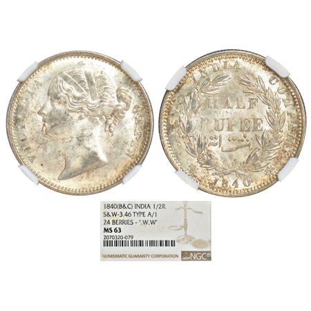 Victoria Queen, divided legend, silver ½ rupee, 1840, Calcutta/Bombay mint, W.W. incused, 