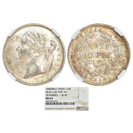 Victoria Queen, divided legend, silver ½ rupee, 1840, Calcutta/Bombay mint, W.W. incused, 