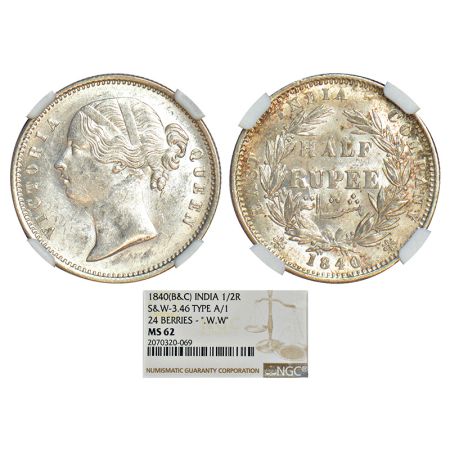 Victoria Queen, divided legend, silver ½ rupee, 1840, Calcutta/Bombay mint, W.W. incused, 