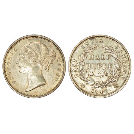 Victoria Queen, divided legend, silver ½ rupee, 1840, Calcutta/Bombay mint, W.W. incused, 