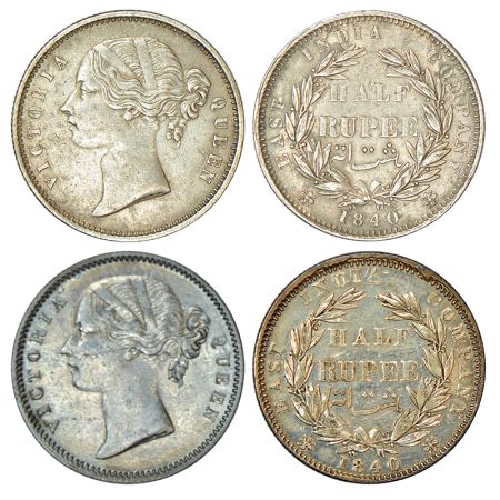 Victoria Queen, divided legend, silver ½ rupee (2), 1840, Calcutta/Bombay mint, W.W. incus