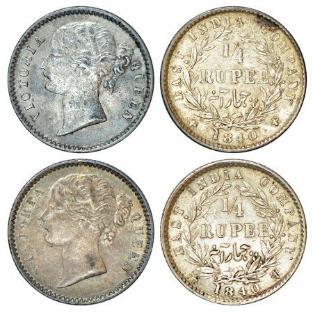 Victoria Queen, divided legend, silver ¼ rupee (2), 1840, Calcutta/Bombay mint, W.W. raise
