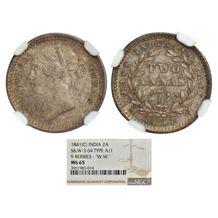 Victoria Queen, divided legend, silver 2 annas, 1841, Calcutta mint, W.W. raised, 9 berrie