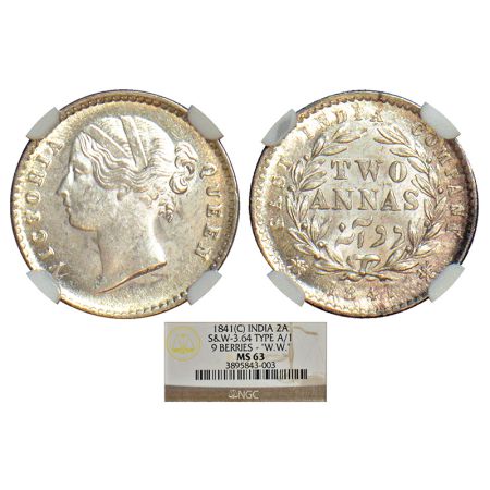 Victoria Queen, divided legend, silver 2 annas, 1841, Calcutta mint, W.W. raised, 9 berrie
