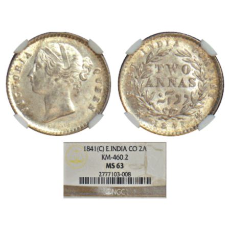 Victoria Queen, divided legend, silver 2 annas, 1841, Calcutta mint, W.W. raised, 9 berrie