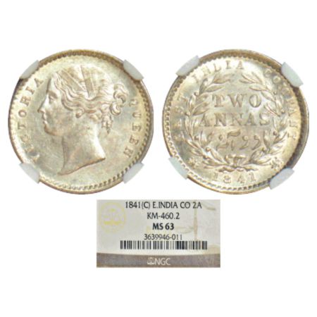 Victoria Queen, divided legend, silver 2 annas, 1841, Calcutta mint, W.W. raised, 9 berrie