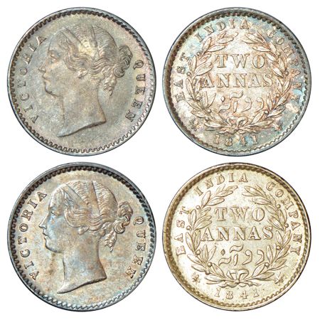 Victoria Queen, divided legend, silver 2 annas (2), 1841, Calcutta mint, W.W. raised, 9 be