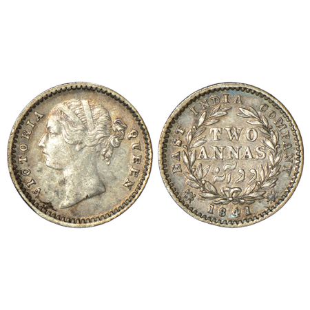 Victoria Queen, divided legend, silver 2 annas, 1841, Madras mint, S incused and W.W. rais