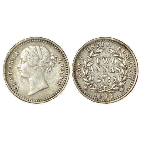 Victoria Queen, divided legend, silver 2 annas, 1841, Bombay mint, 9 berries, PR 128; GK 2