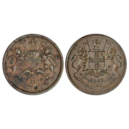 East India Company, copper ½ anna, 1845, obverse part brockage (Lakhi) on reverse, 4 in 18