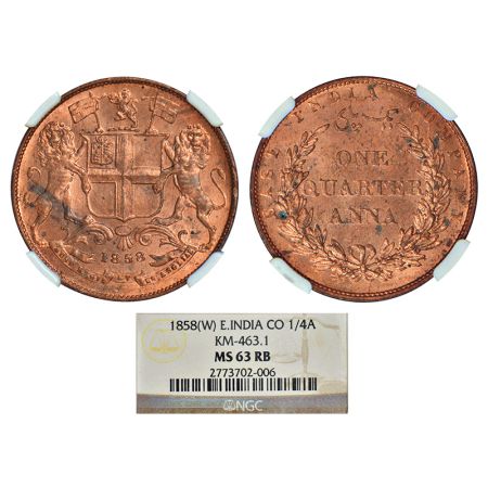 East India Company, copper ¼ anna, 1858, Birmingham mint, single leaf, PR 156; GK 231-232.